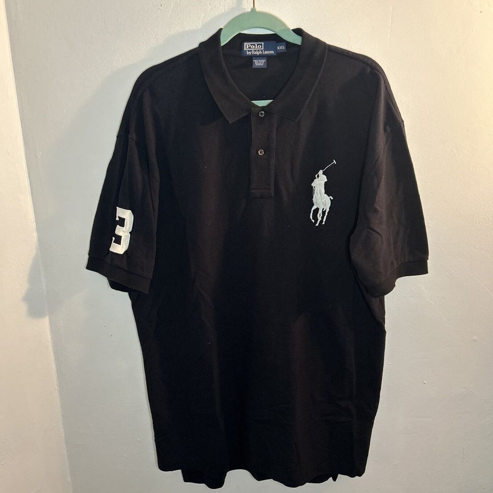 Polo Ralph Lauren Black Cotton Polo Shirt with Large White Logo and Number 3 XXL